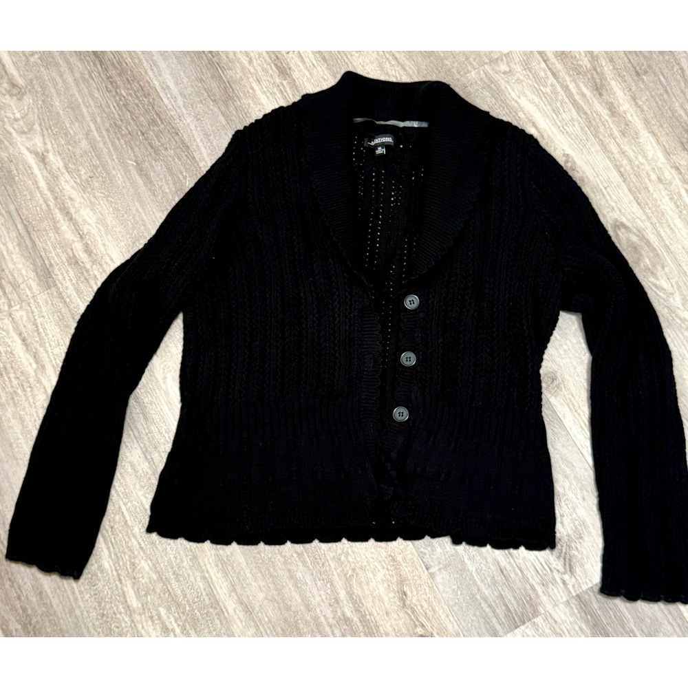 Nations Black Cable Knit Button Front Cardigan Sweater XL Scalloped Hem‎